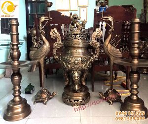 Bộ đỉnh đồng đỏ 70cm,bộ ngũ sự đúc nổi đồng đỏ đẹp