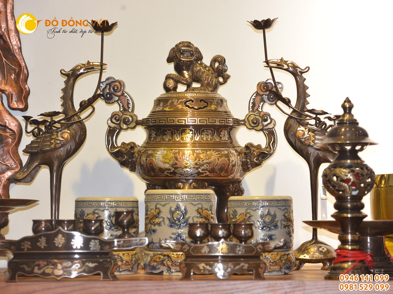 Bộ đỉnh đồng phú quý khảm ngũ sắc cao 55cm