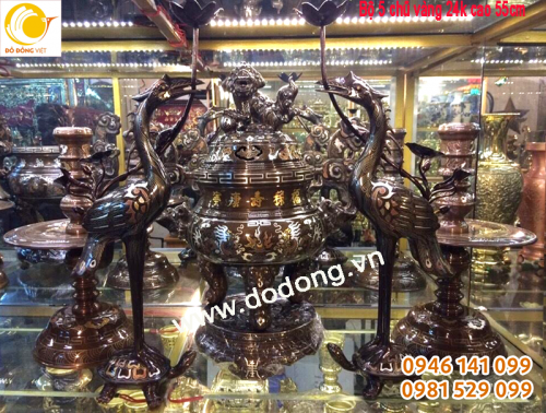 Bộ đỉnh đồng ngũ sắc cao 55cm 5 chữ vàng 9999