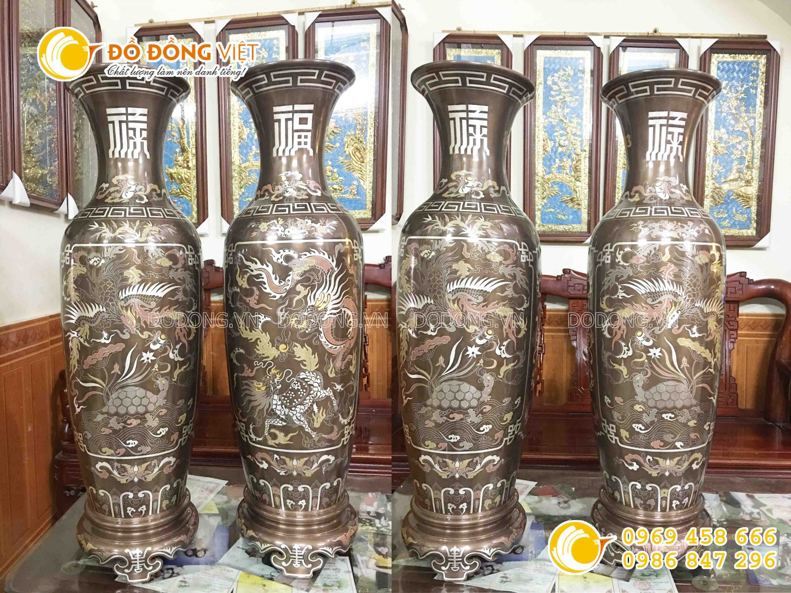 đôi lộc bình khảm ngũ sắc bằng đồng