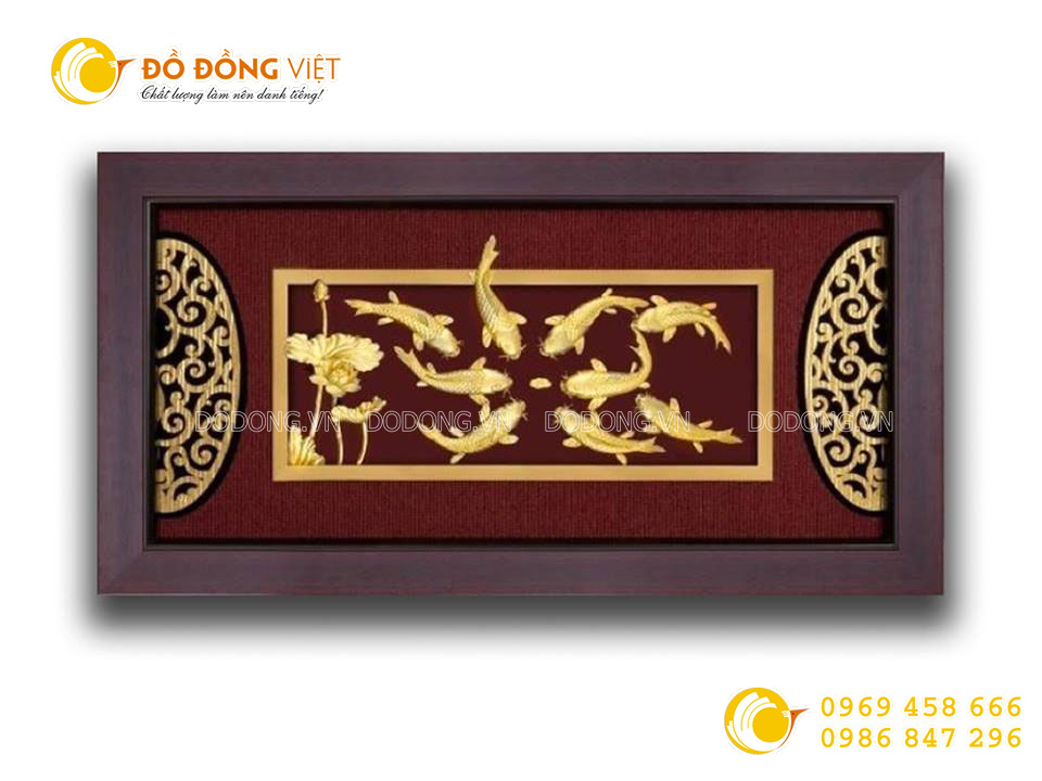 tranh vàng lá cưu ngư quần hội 24k