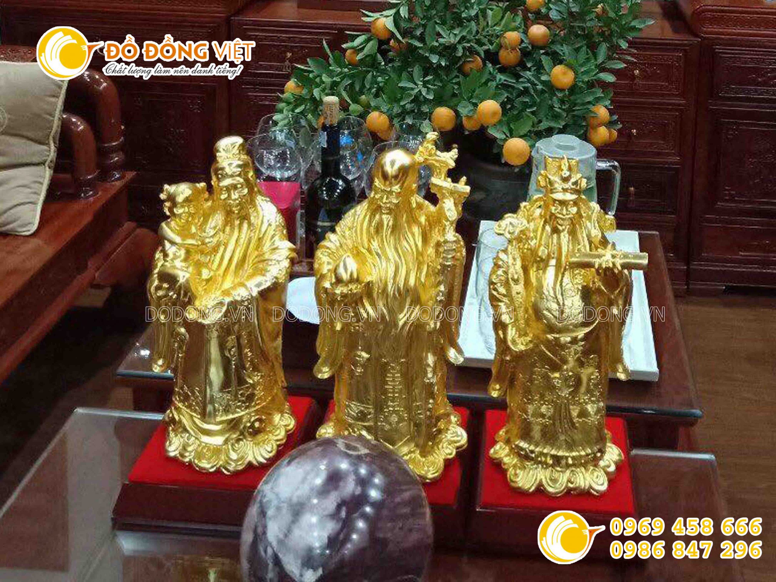 Bộ tượng tam đa, Tam Tiên Phúc Lộc Thọ bằng đồng mạ vàng 9999