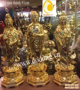 Bộ tượng đồng tam thánh 81cm đứng mạ vàng cao cấp