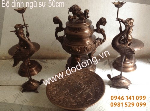 Bộ đỉnh đồng ngũ sự cap 50cm, mâm bồng dk 30cm đồng hun 