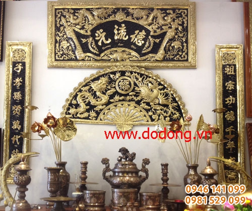 Bộ hoành phi câu đối 1,55m đồng vàng chạm tinh xảo