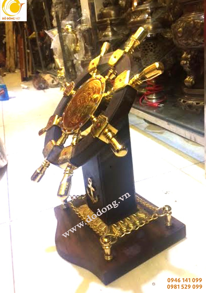  bánh lái tàu thủy bằng đồng mạ vàng 24k cao cấp, gỗ trắc đẹp