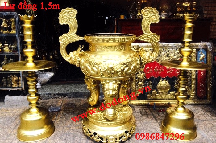 Đỉnh đồng vàng song long trầu nguyệt 1,5m đường kính 75cm