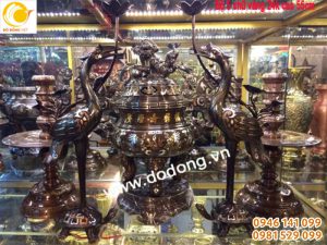 Bộ đỉnh đồng ngũ sự 5 chữ vàng cao 55cm cho bàn thờ gia đình