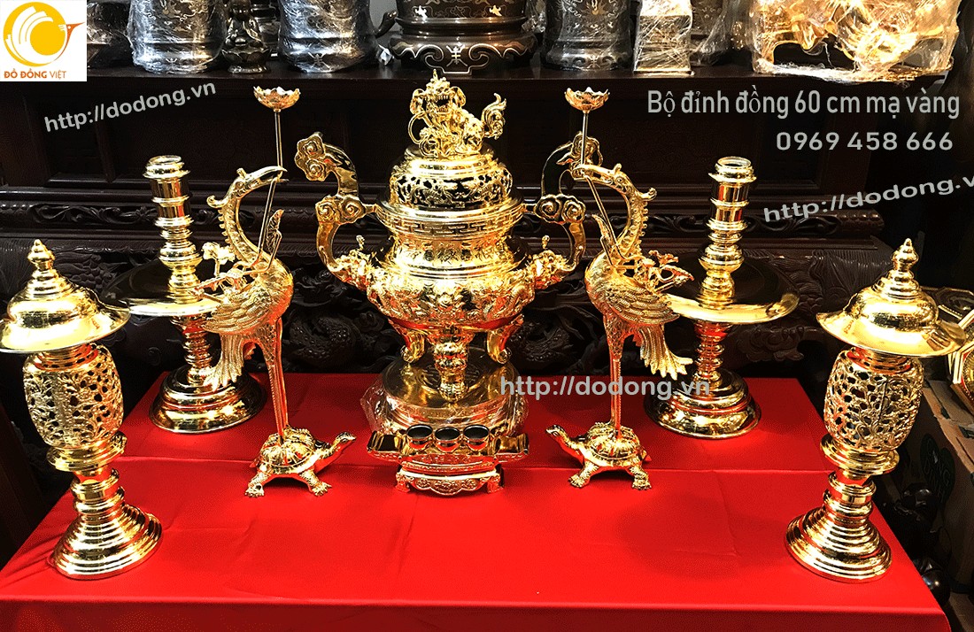 Bộ đỉnh thờ đồng mạ vàng cao 60 cm cao cấp