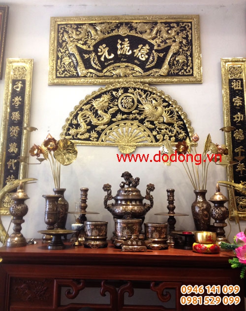 BỘ đồ thờ bằng đồng khảm tam khí, khảm ngũ sắc đẹp và ấm cúng