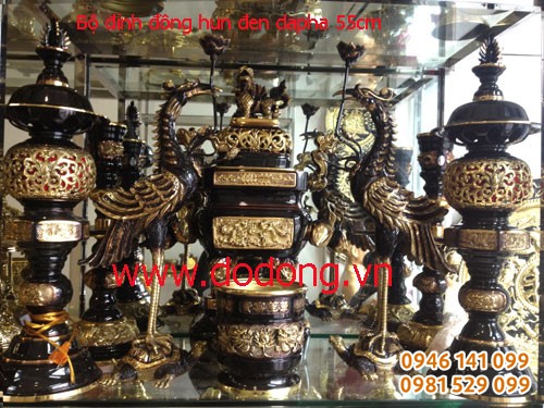 Bộ lư hương lv02 vuông đồng hun đen cao 55cm