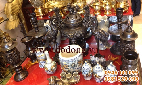 Bộ đồ thờ đồng hun màu số 3 cao 50cm đỉnh hạc chân nến 3d