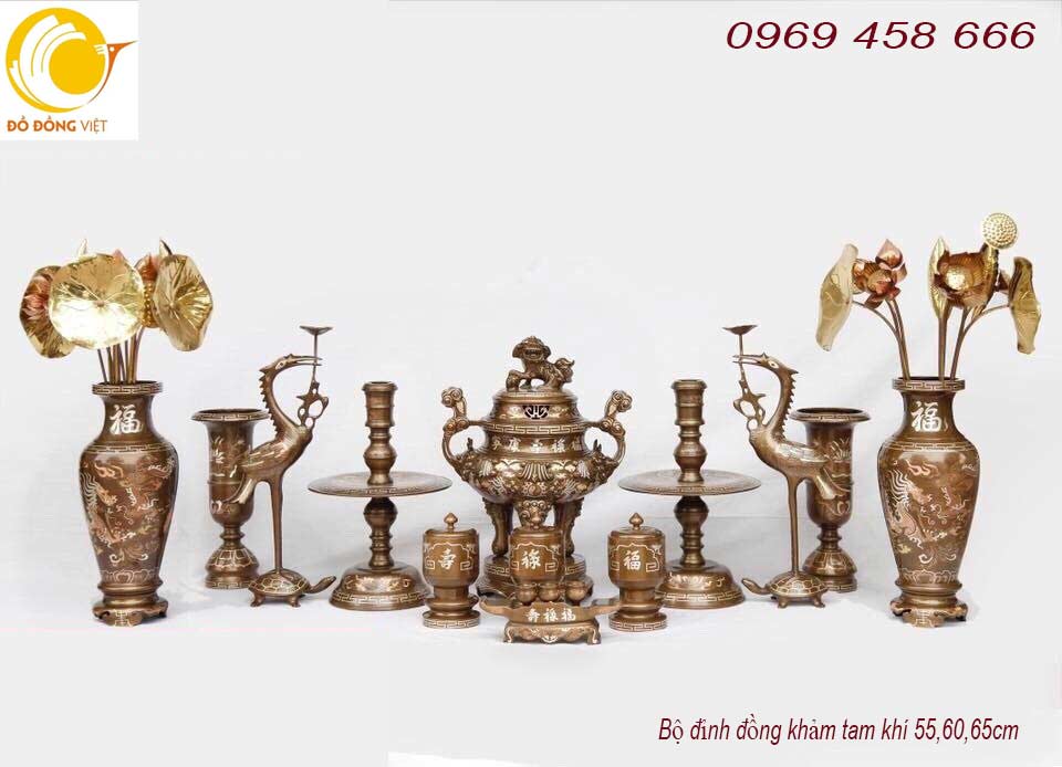 Bộ đồ thờ cúng trang trí bàn thờ chạm khảm tam khí