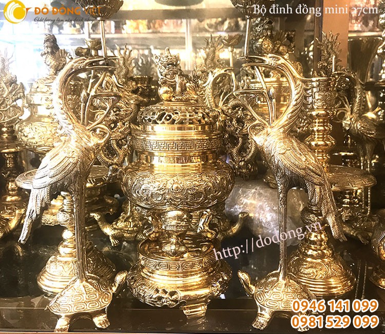 Bộ đỉnh đồng mini ngũ sự cao 27cm dùng cho bàn thờ gia đình nhỏ, bàn thờ treo