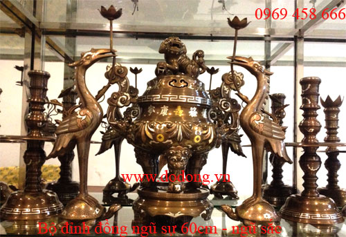 Bộ đồ thờ ngũ sự đồng khảm ngũ sắc phù hợp bàn thờ từ đường, gia đình kt 88x197cm, 217cm