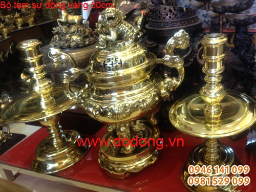 Đỉnh đồng tam sự 50cm đồng vàng