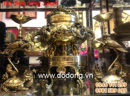 Bộ đỉnh đồng lưỡng long trầu nguyệt 33cm hàng độc