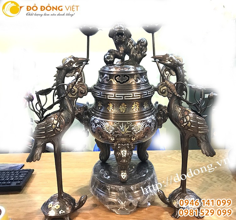 Bộ đỉnh và hạc đồng 55cm khảm ngũ sắc, bộ đồ thờ bằng đồng khảm 5 màu tinh xảo