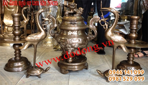 Bộ đỉnh đồng ngũ sự khảm tam khí cao 50cm