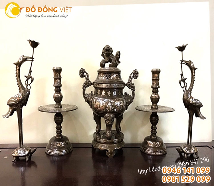 Bộ đỉnh đồng tam khí, mua đồ thờ cúng khảm bạc tại Hải Phòng