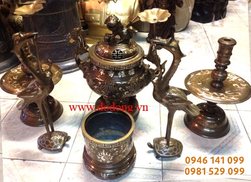 Bộ đỉnh thờ đồng đỏ khảm tam khí 45cm ngũ sự