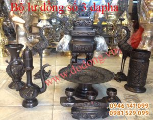 Bộ lư đồng dapha trái đào số 3 hun đen 50cm đỉnh đồng hun