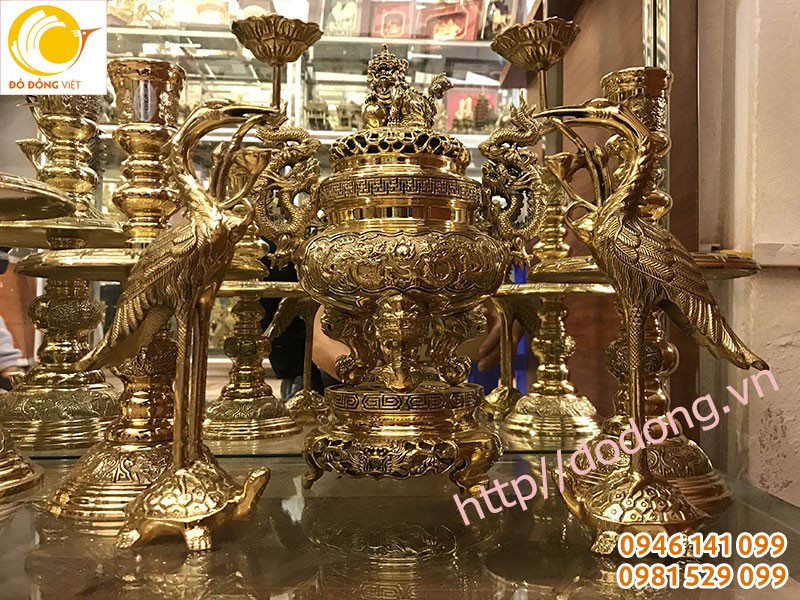 Bộ đỉnh đồng thờ cúng vĩnh tiến số 0 cao 26cm dùng trang trí bàn thờ nhỏ treo tường