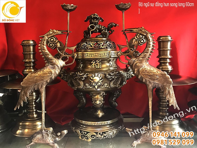 Bộ đỉnh đồng song long, đồ thờ cúng hun màu
