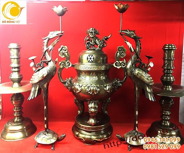 bộ đỉnh đồng ngũ sự đồng hun giả cổ 65cm dùng cho bàn thờ gia tiên 1,97m