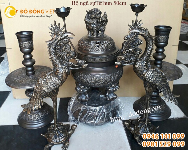 Bộ ngũ sự đồng hun số 3 hãng đại phát cao 50cm dùng cho bàn thờ gia tiên ấm cúng