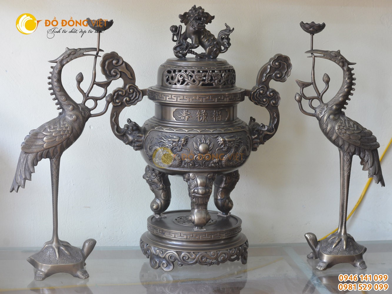 Bộ tam sự đỉnh hạc hun giả cổ cao 60cm