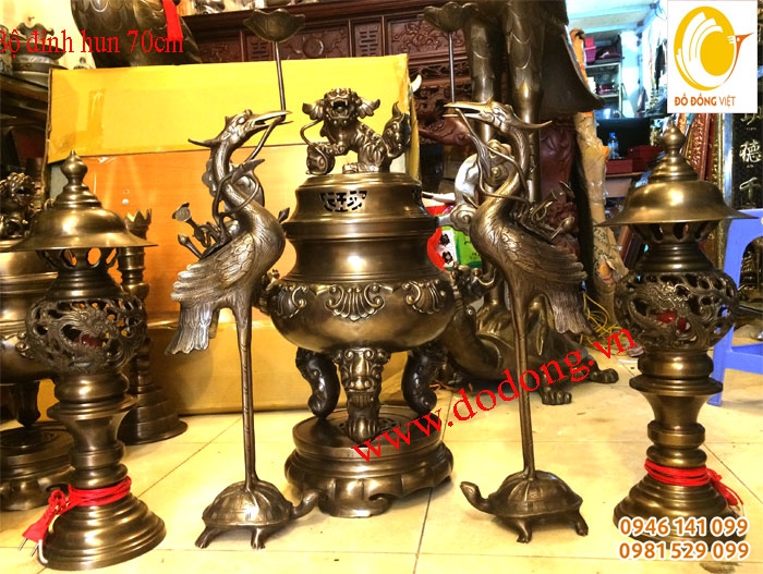 Bộ đỉnh thờ ngũ sự hun 70, đèn thờ đồng đại bái