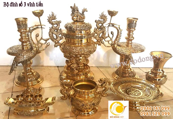 Bộ lư đồng thờ cúng vĩnh tiến số 3 cao 50cm dùng thờ cúng gia tiên bàn thờ 1,5m