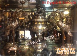 Bộ ngũ sự đồng đỏ khảm 55cm 5 chữ vàng 9999