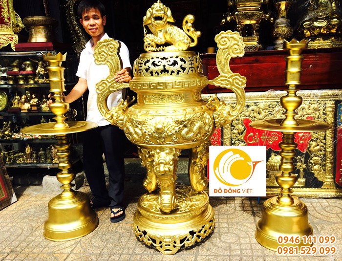 Lư đồng song long cỡ lớn 1,5m,chân nến đại
