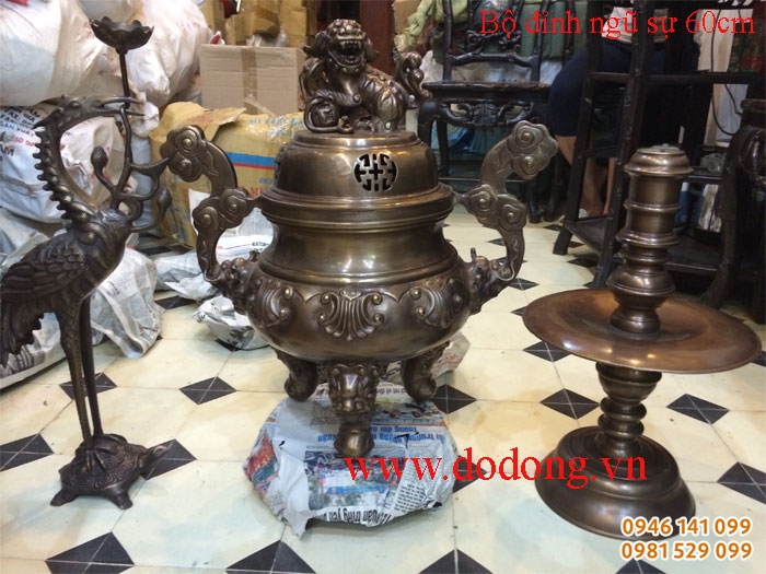 Bộ đỉnh đồng ngũ sự hun 60cm giả cổ