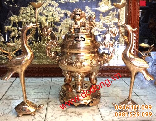 Bộ tam sự đồng đỏ cao 50cm gồm 1 đỉnh 2 hạc đồng