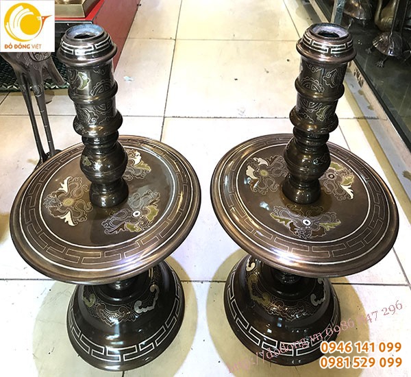 chân nến đồng tam khí 45cm chạm khảm đẹp