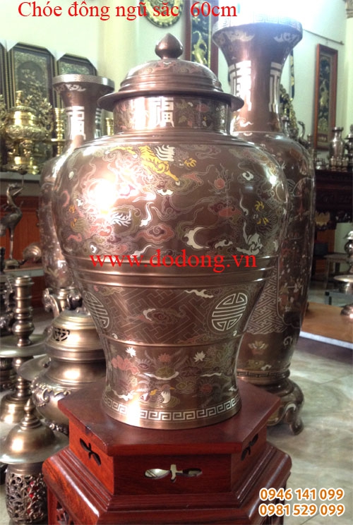 Chóe đồng đỏ khảm ngũ sắc cao 60cm trang trí phòng khách, phòng thờ