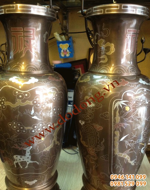 Đôi lọ hoa đồng khảm ngũ sắc the tích tứ linh