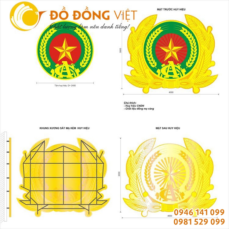 thiết kế lắp đặt huy hiệu công an dk 4m đồng vàng tấm dập nổi