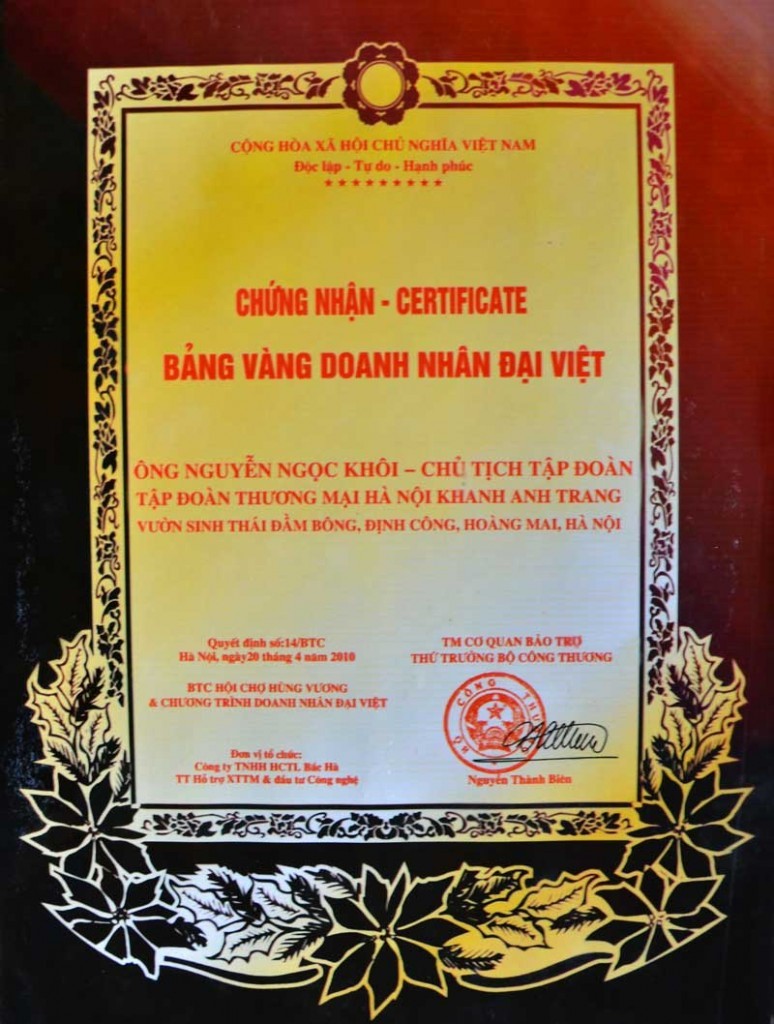 Chứng nhận doanh nhân đất Việt bằng đồng mạ vàng đồ đồng
