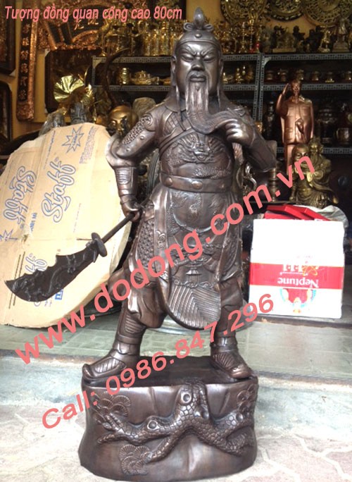 Tượng quan công đứng cầm đao 80cm đồng hun