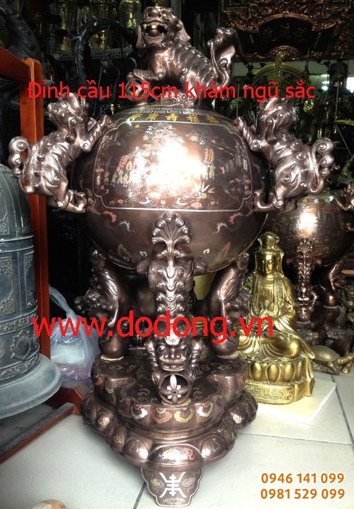 Đỉnh đồng 116cm đúc liền thất lân, đồng đỏ nguyên chất, khảm bạc vàng, đồng 5 màu
