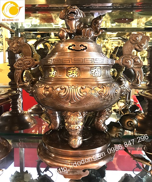 Qủa đỉnh đồng cao 50cm đúc liền,3 chữ phúc lộc thọ nổi dát vàng 24k, chạm chìm hoa văn tinh xảo, màu đồng bền đẹp