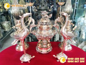 Bộ đỉnh ngũ sự bằng đồng đỏ làm bóng cao 60 cm họa tiết rồng chầu nguyệt