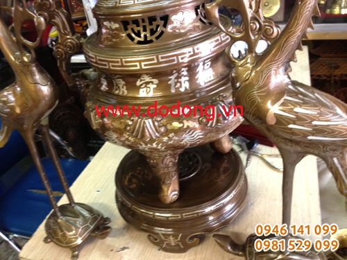Đỉnh đồng đỏ khảm tam khí cao cấp, khảm bạc, đồng đỏ, đồng vàng