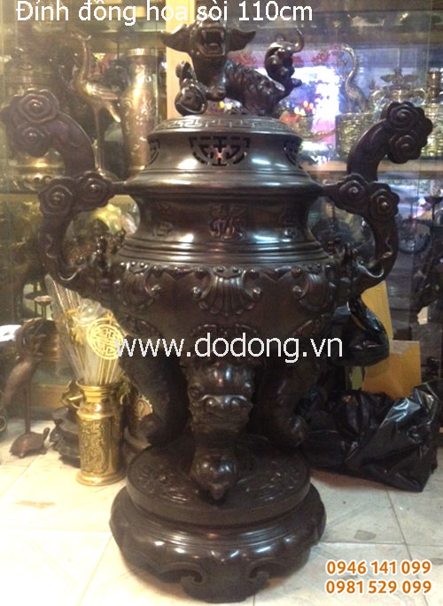Đỉnh đồng tai liền hoa sòi giả cổ cao 110cm, đk 50cm đúc tinh xảo