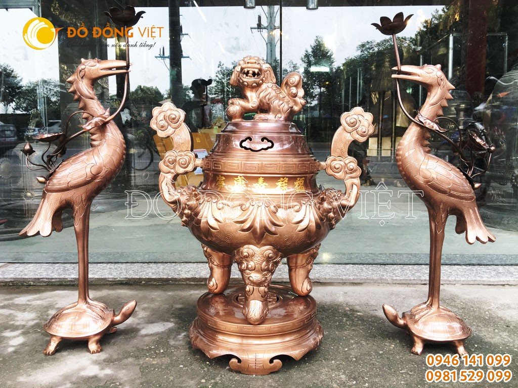 Đỉnh đồng tam sự khảm 5 chữ vàng cao 60 cm