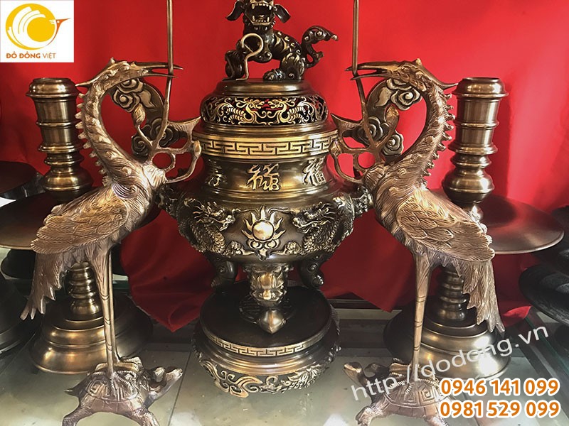 Bộ đỉnh đồng song long, đồ thờ cúng hun màu